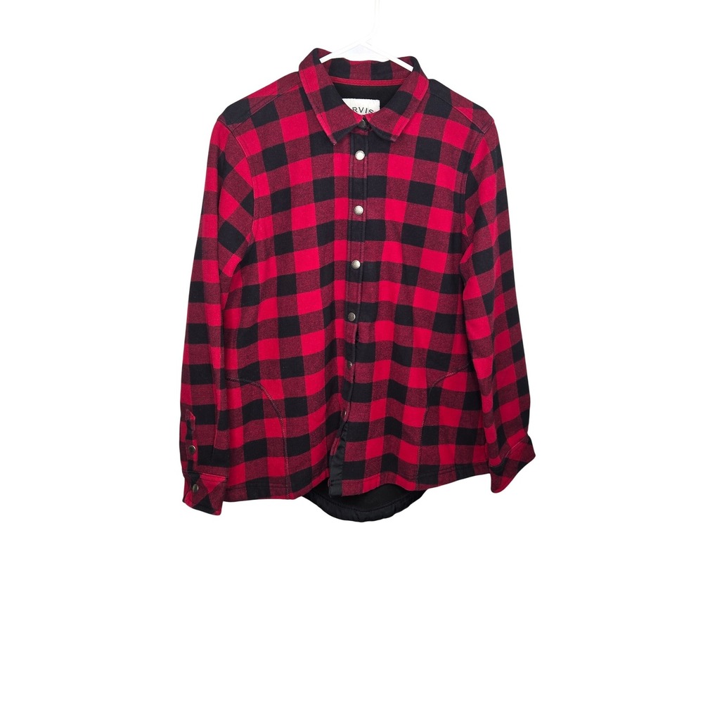 Orvis Fleece Lined Flannel Shirt Women XL Red Black Buffalo Plaid Snap Front